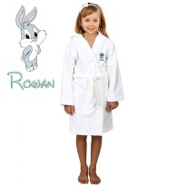 Grey Rabbit Cartoon Design & Custom Name Embroidery on Kids Hooded Bathrobe